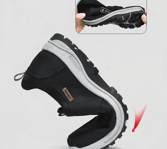 A black Stepprs shoe twisted and flexed to show the sole bending, with an inset photograph of two hands bending the same shoe.